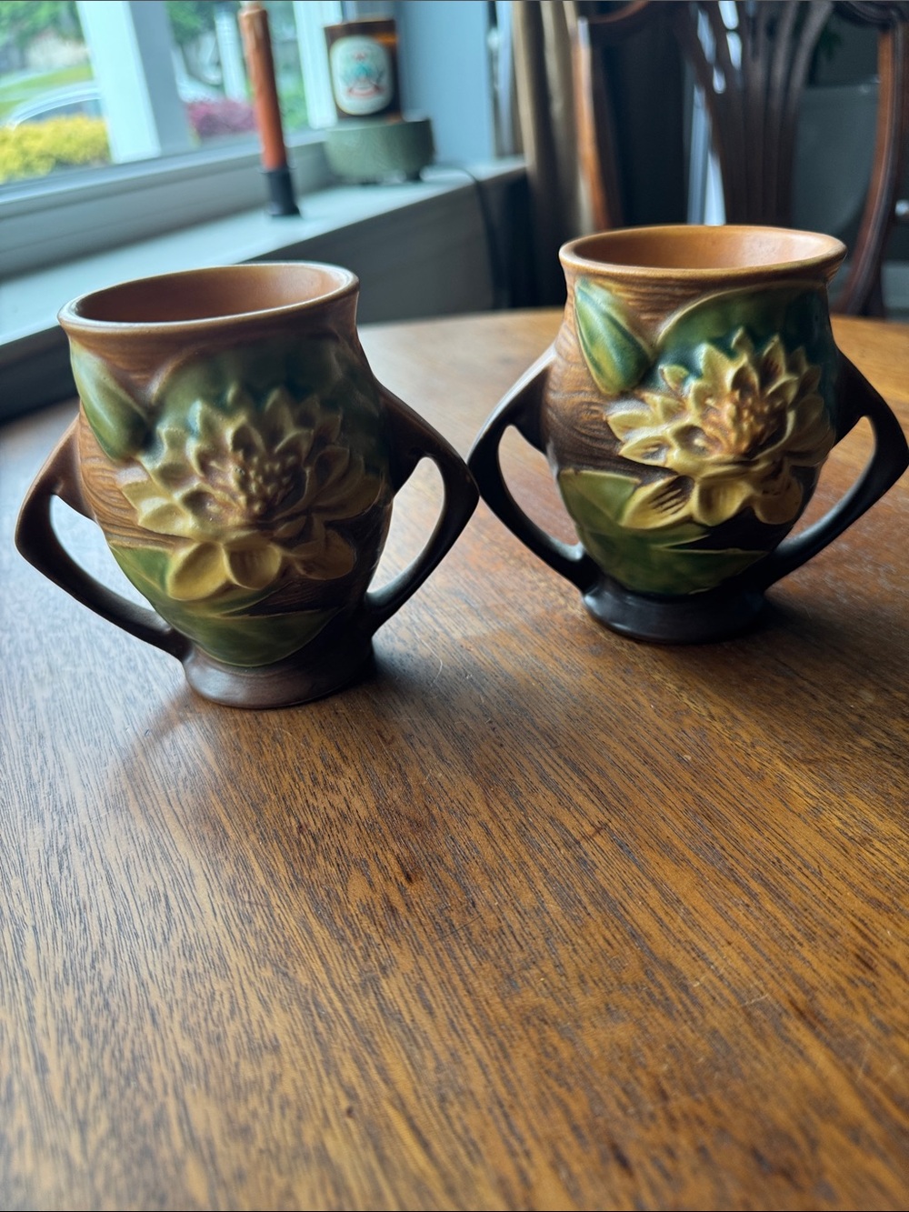 Artisan Brown and Green Floral Ceramic Vase Pair